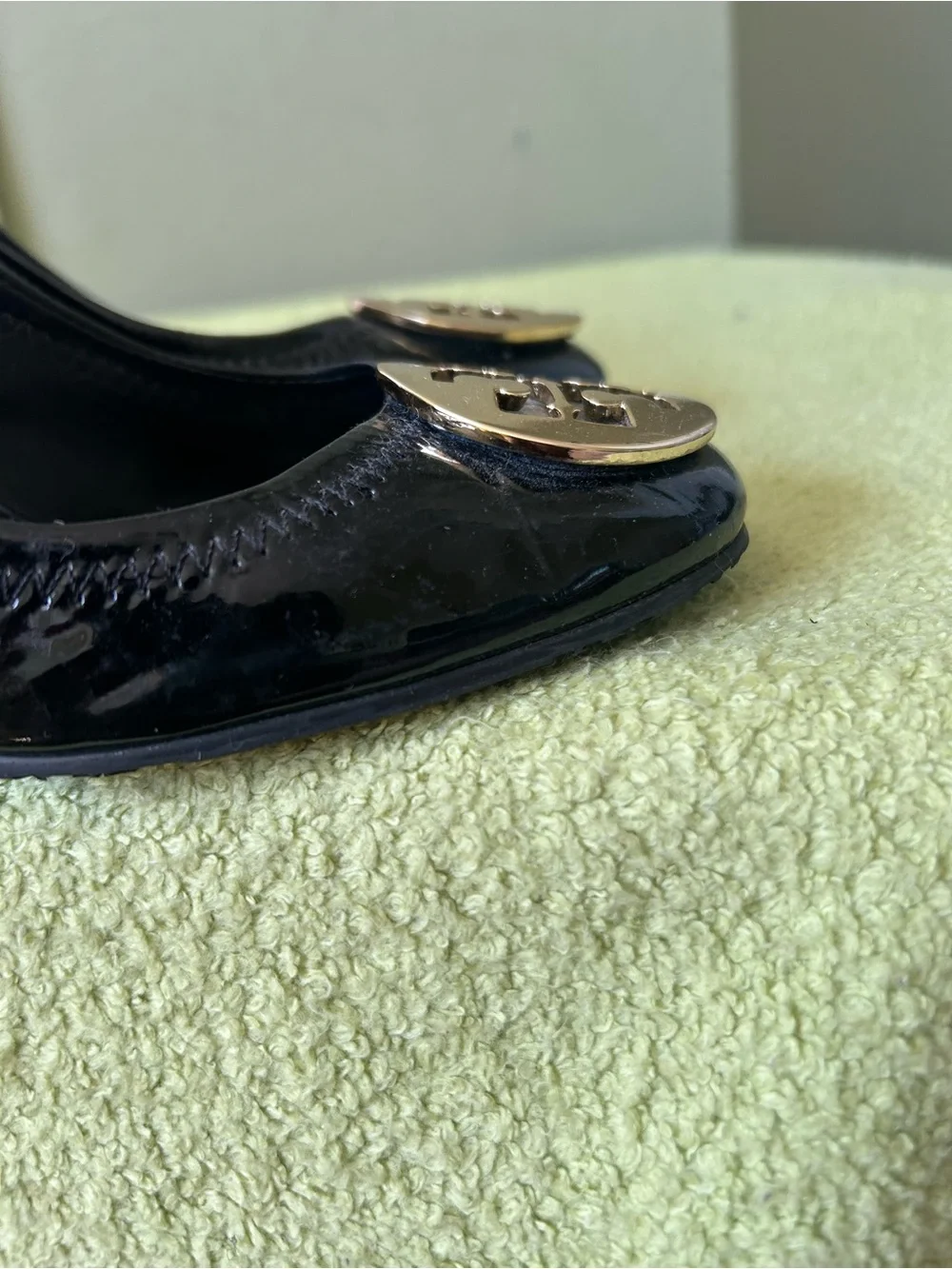 Tory Burch Black Patent Leather Block Heel Pumps with Gold Logo Accent